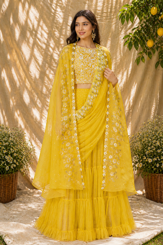 Yellow Embroidered Cape & Pre-Draped Sharara Set