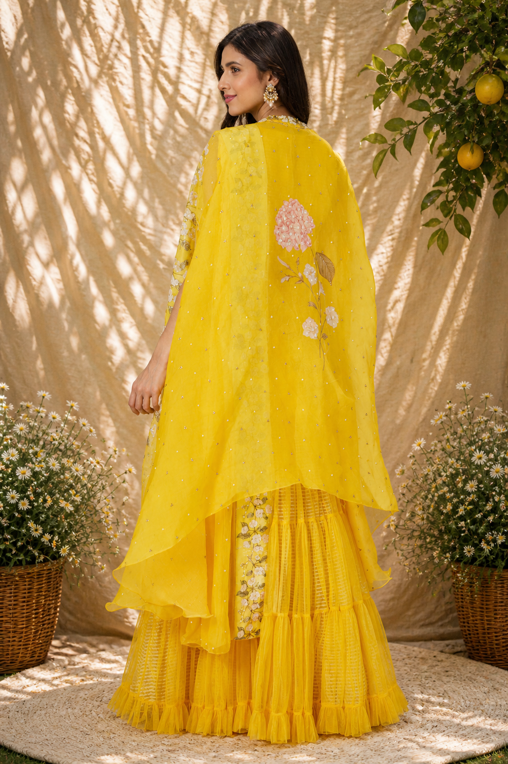 Yellow Embroidered Cape & Pre-Draped Sharara Set
