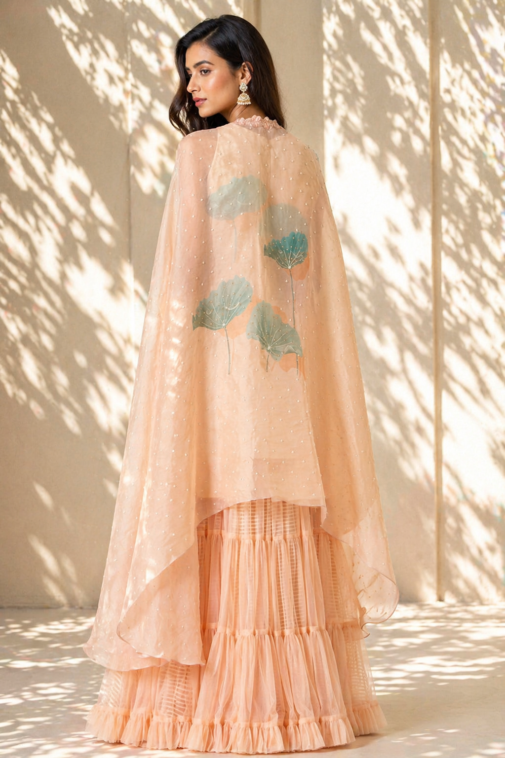Pastel Peach Botanical Cape & Tiered Sharara Fusion Set