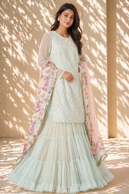 Icy Mint Jaal Embroidered Kurta & Tiered Sharara Set with Floral Dupatta