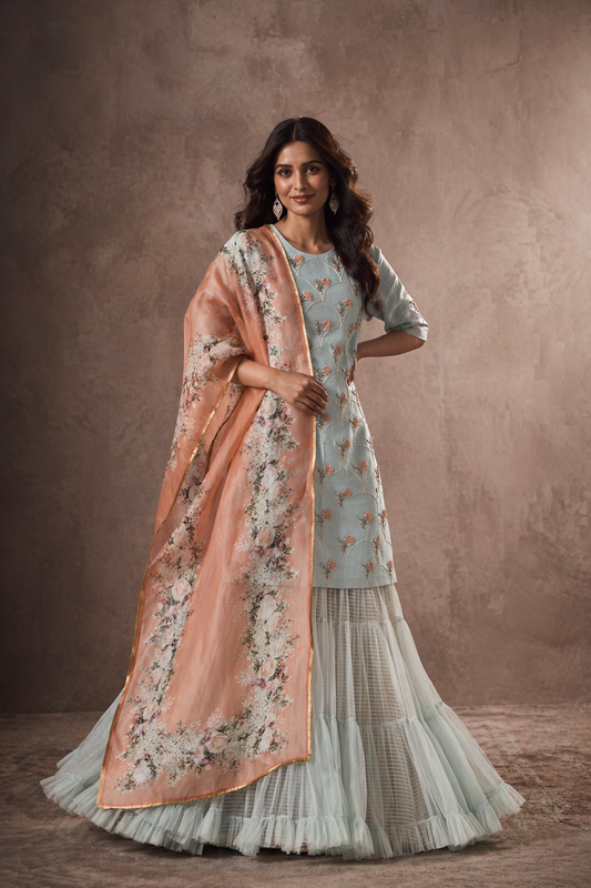 The Azure & Peach Scalloped Sharara Set