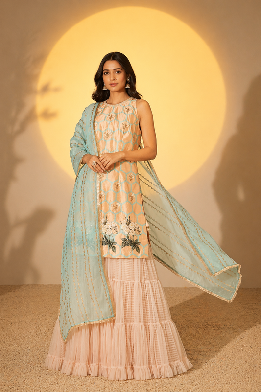 The Azure Mirror-Work Tiered Sharara Set