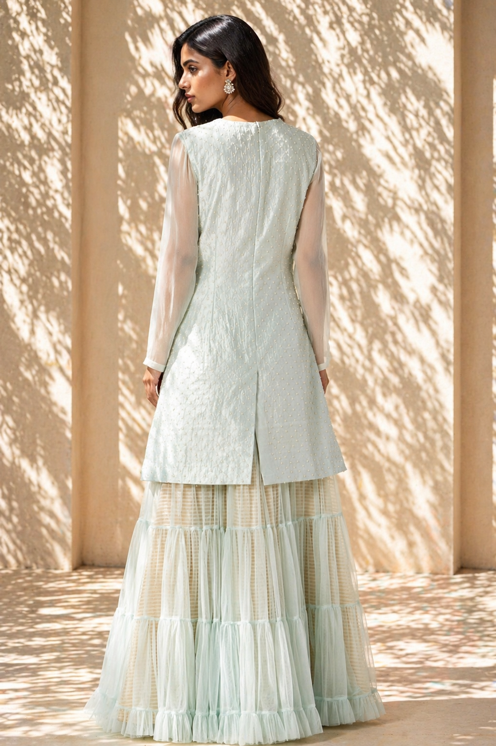Icy Mint Jaal Embroidered Kurta & Tiered Sharara Set with Floral Dupatta
