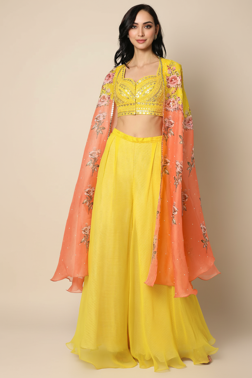 Yellow Raw Silk Palazzo Pant Set