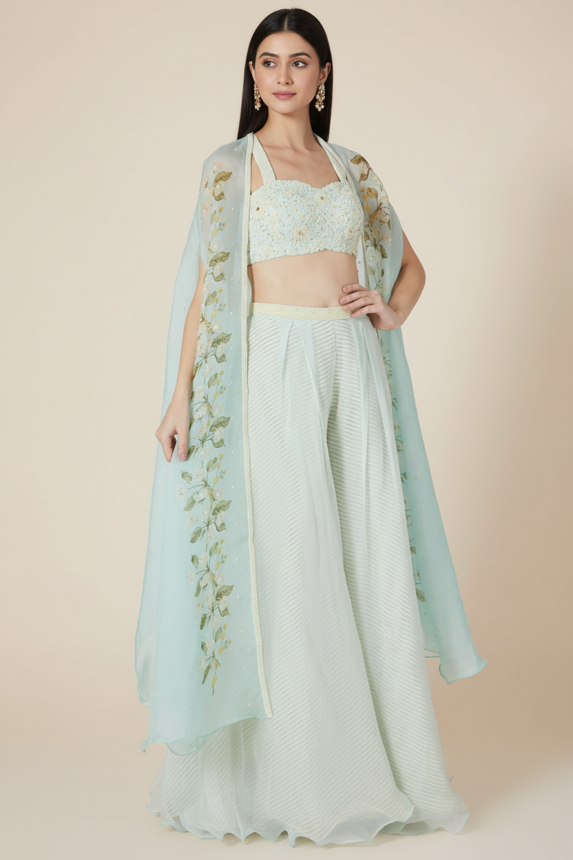 Sky Blue Floral Printed Cape Set