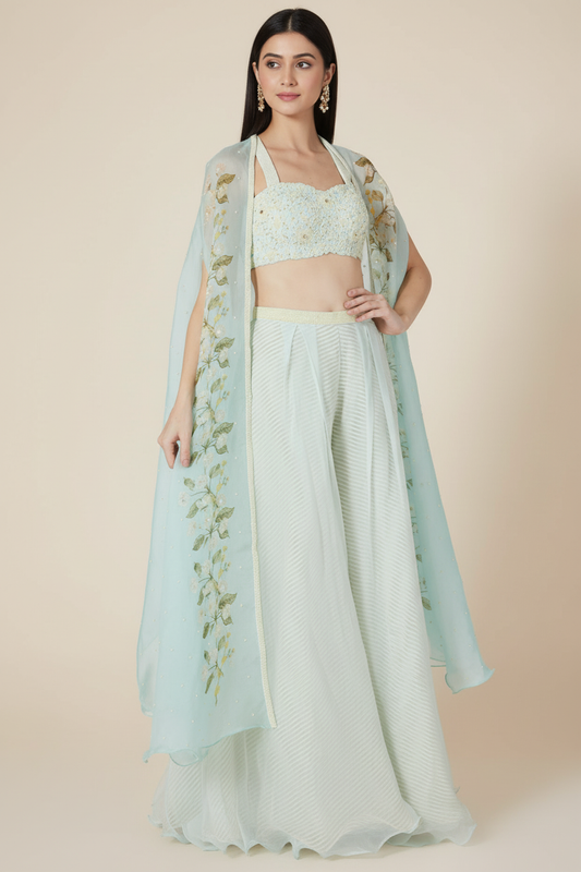 Sky Blue Floral Printed Cape Set