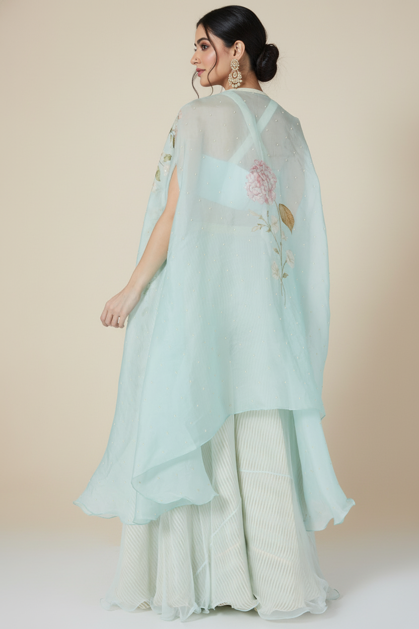Sky Blue Floral Printed Cape Set