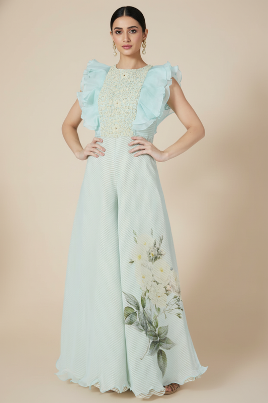 Aqua Blue Embroidered Jumpsuit