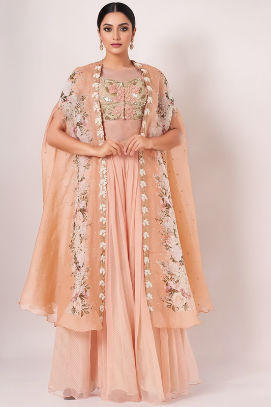 Peach Organza Printed Cape Set