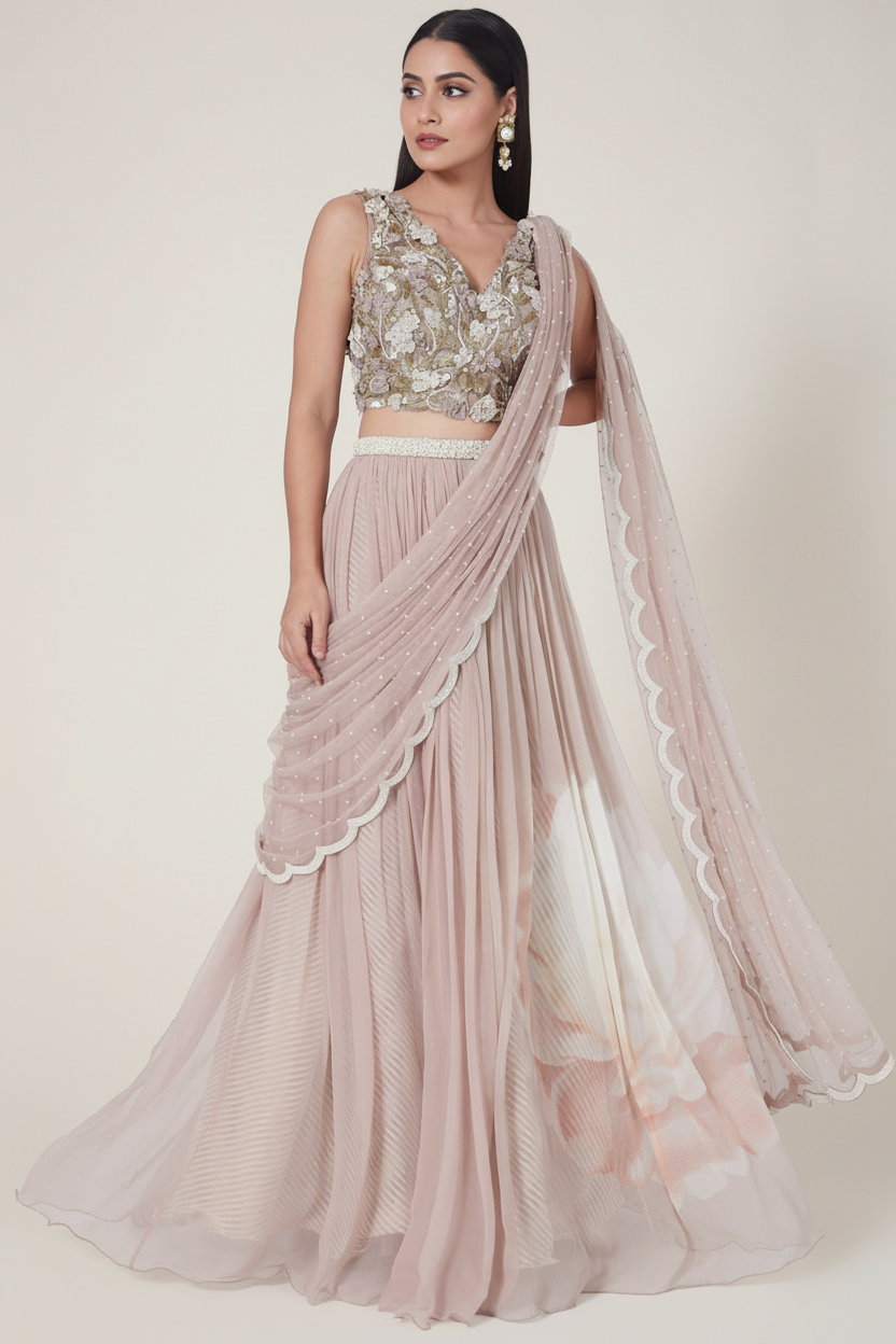 Peach Raw Silk & Chiffon Draped Saree Set
