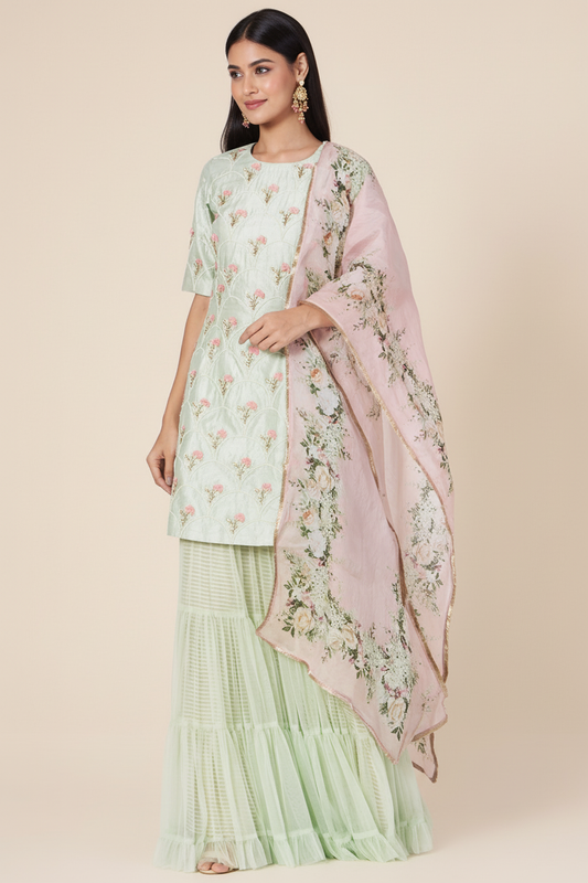 Mint Green Raw Silk Kurti Set
