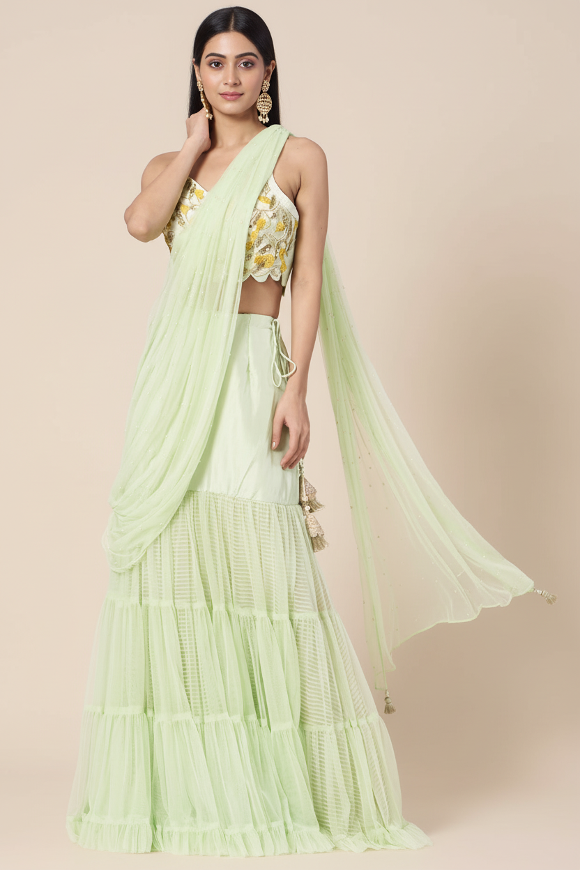 Lime Green Raw Silk Lehenga Set