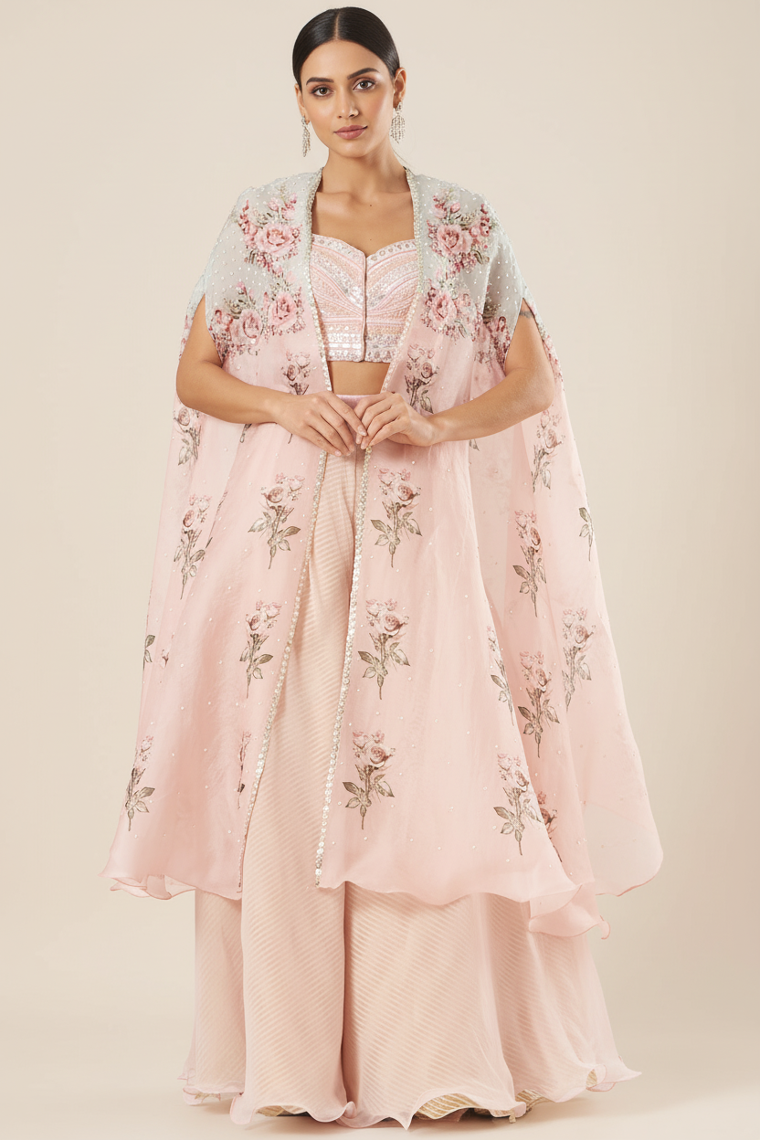 Blush Pink Raw Silk Printed Cape Set