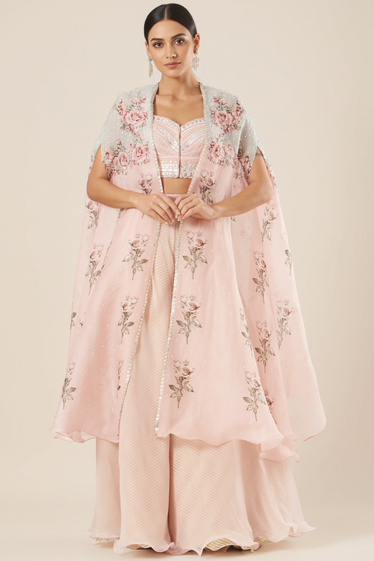 Blush Pink Raw Silk Printed Cape Set