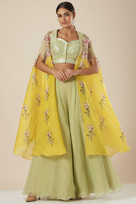Yellow Printed Cape Set