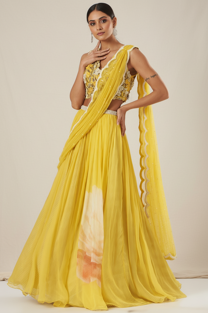 Yellow Raw Silk & Chiffon Lehenga Set