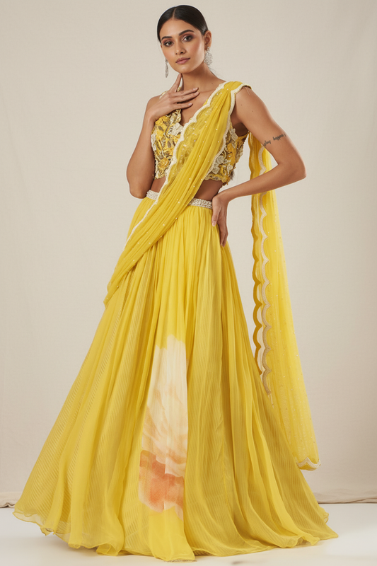 Yellow Raw Silk & Chiffon Lehenga Set