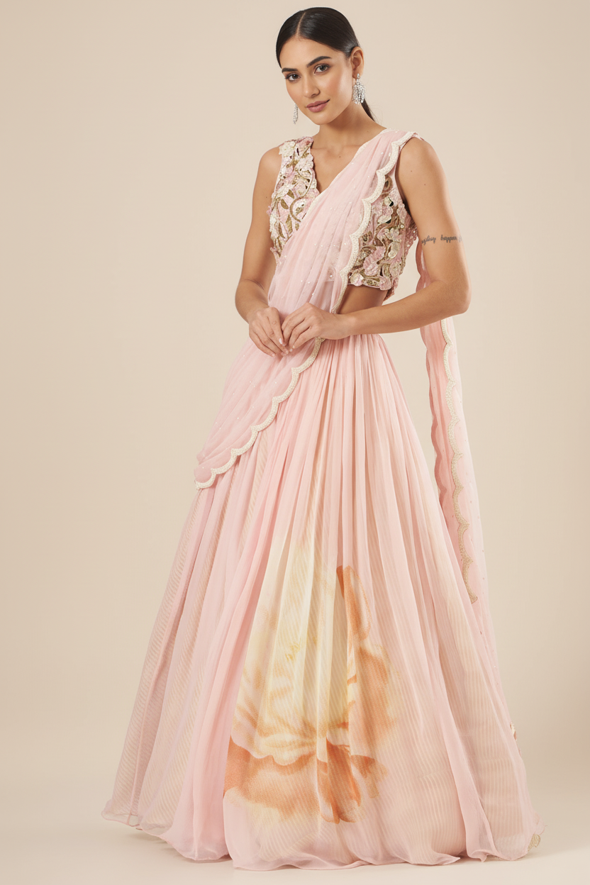 Blush Pink Raw Silk & Chiffon Lehenga Set