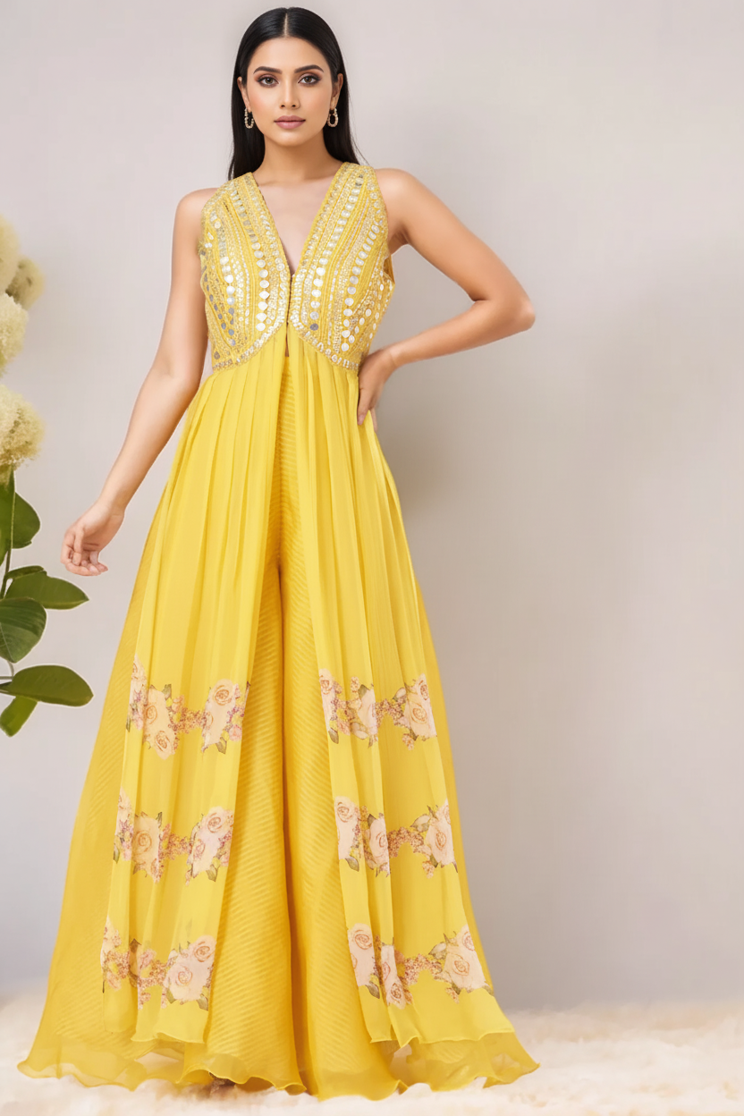 Yellow Raw Silk Embroidered Kurta Set