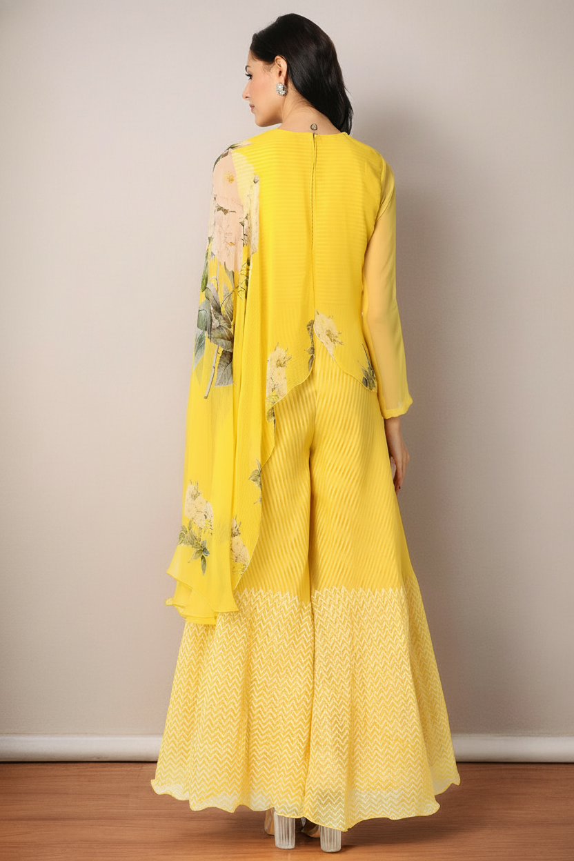 Yellow Block Printed Jumpsuit With Cape