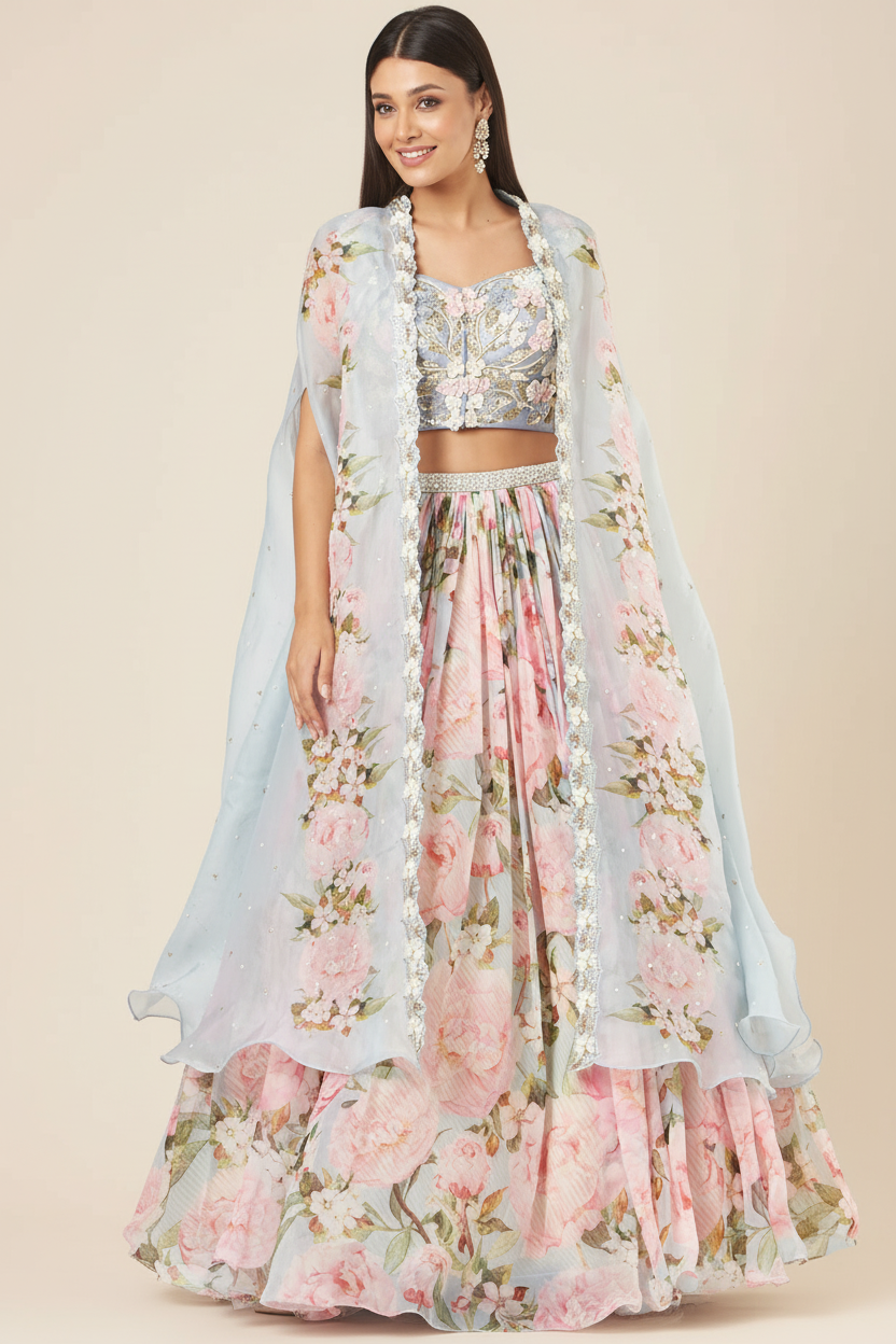 Blue Organza Printed Lehenga Set