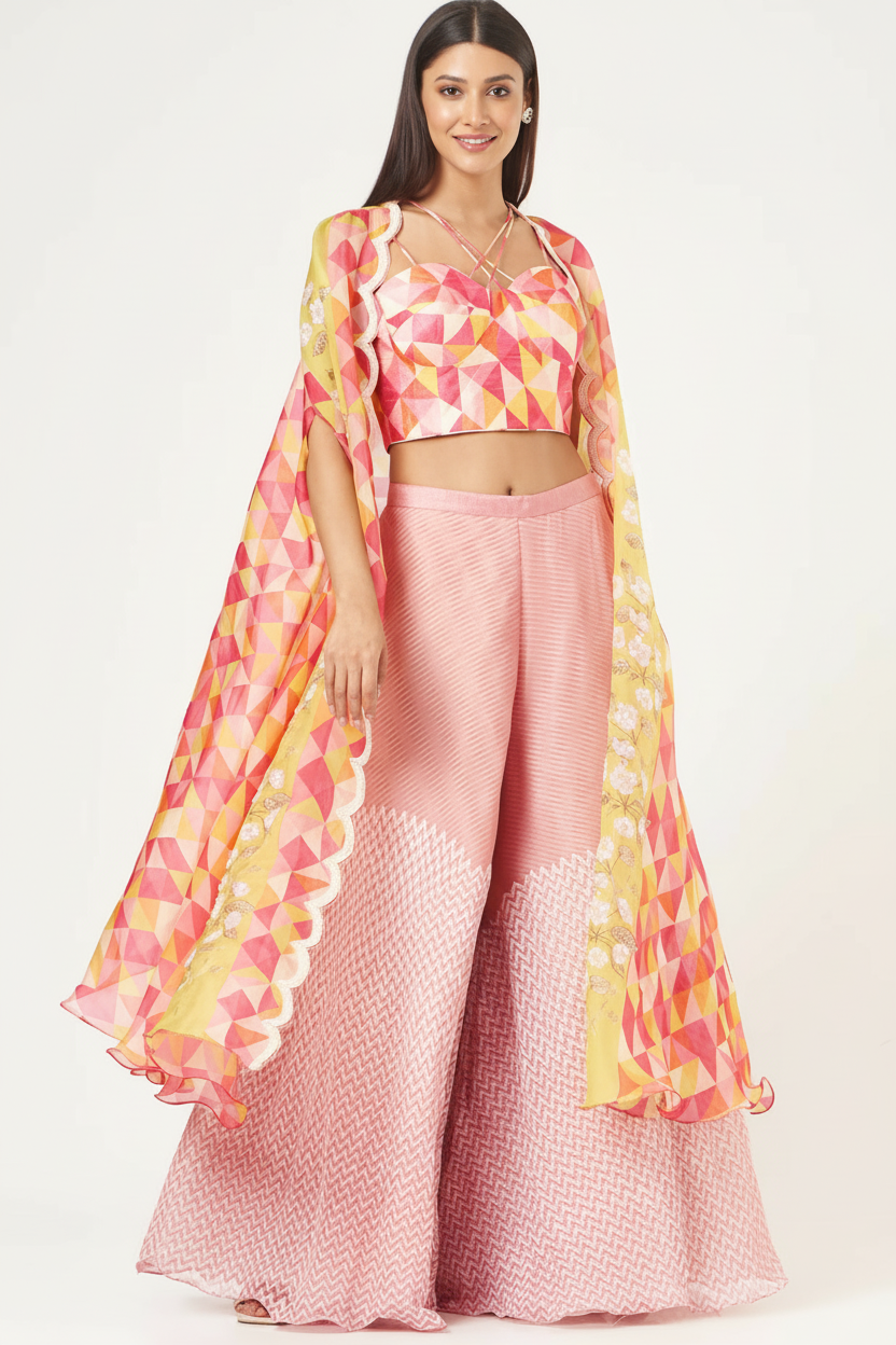 Pink Raw Silk Pant Set With Cape