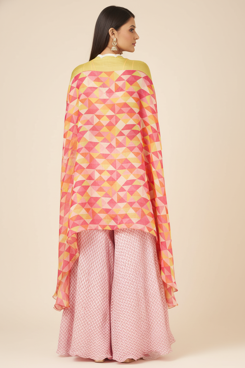 Pink Raw Silk Pant Set With Cape