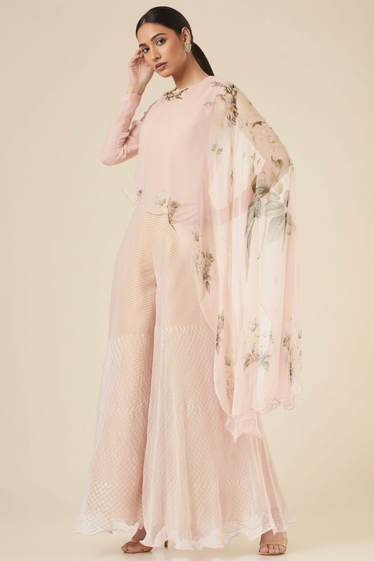 Blush Pink Printed Jumpsuit With Cape
