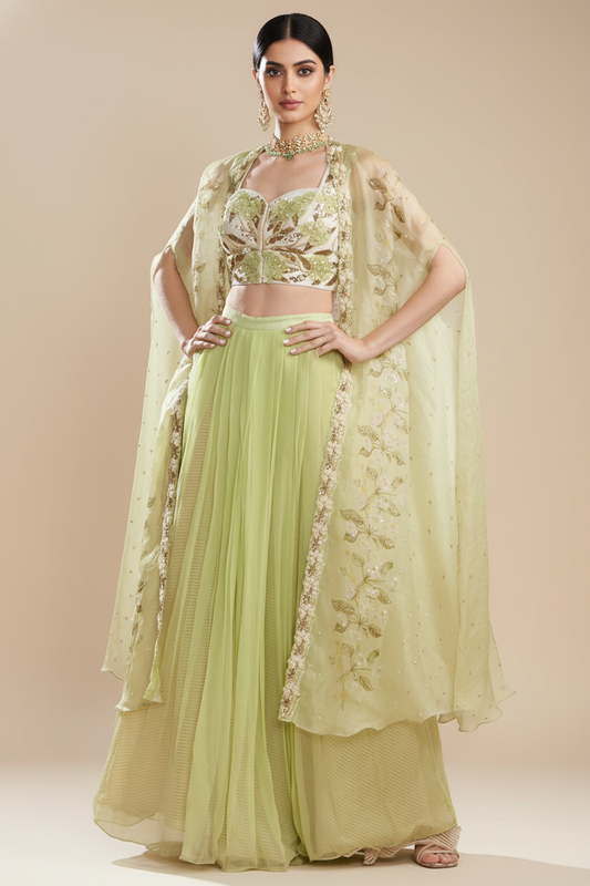 Jade Organza Digital Printed Jacket Lehenga Set