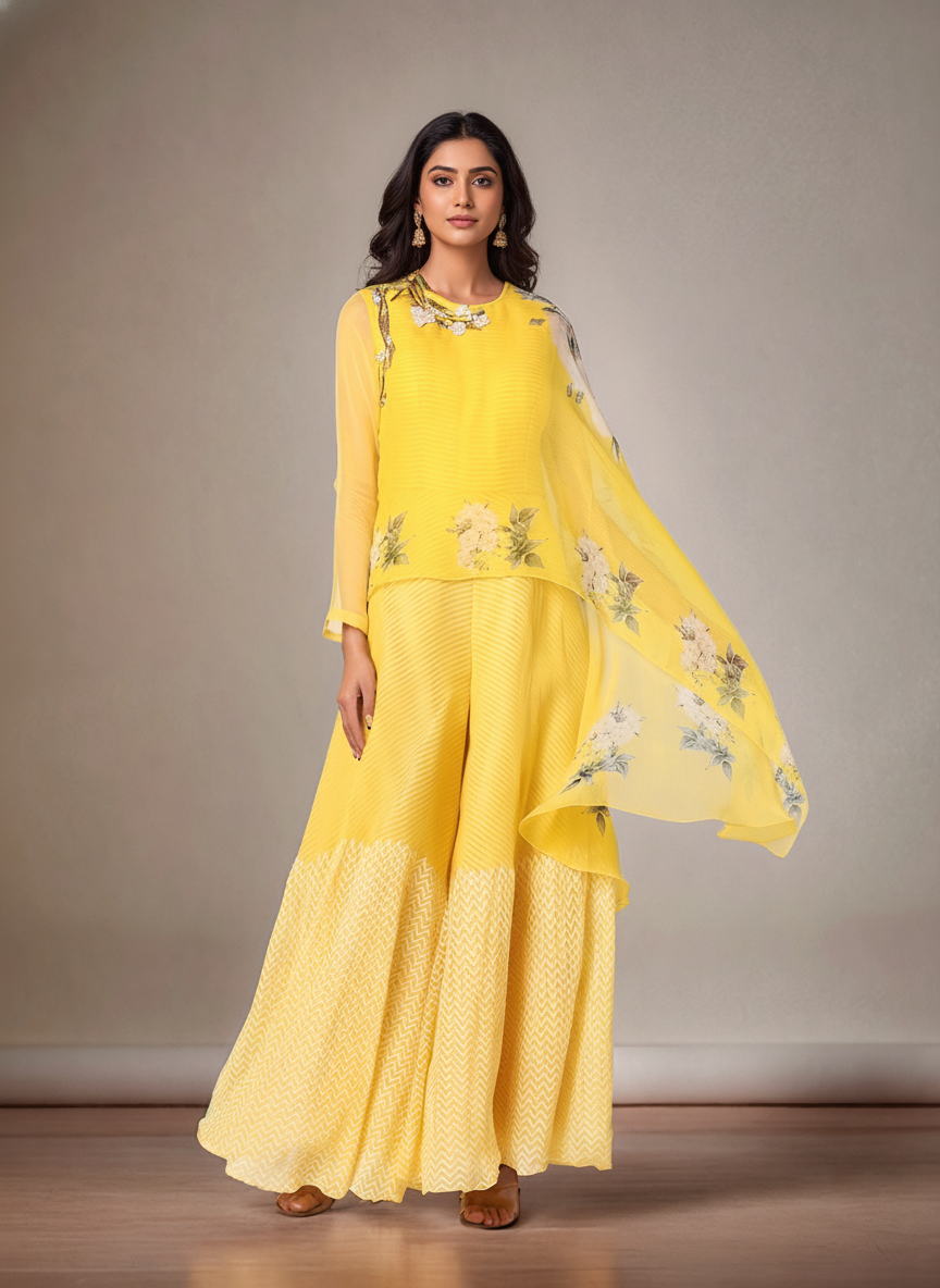 Yellow Block Printed Jumpsuit With Cape