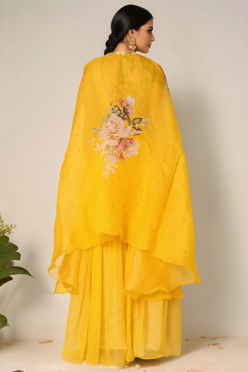 Yellow Embroidered Palazzo Pant Set