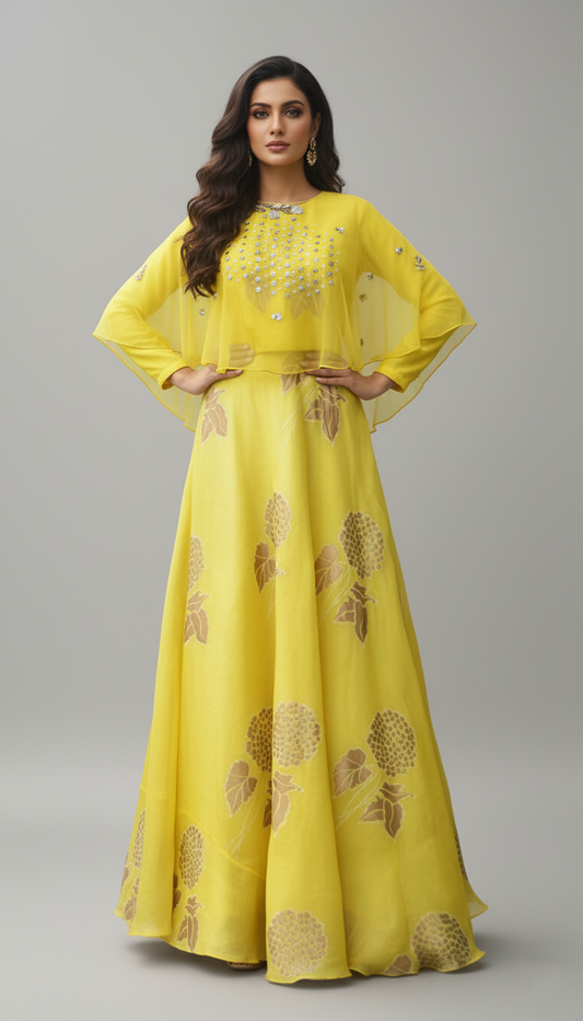 Golden Marigold Mirror Cape Anarkali Set