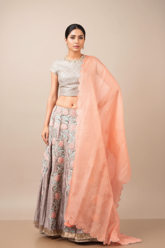 METAL SEQUIN BARFI BLOUSE LEHENGA