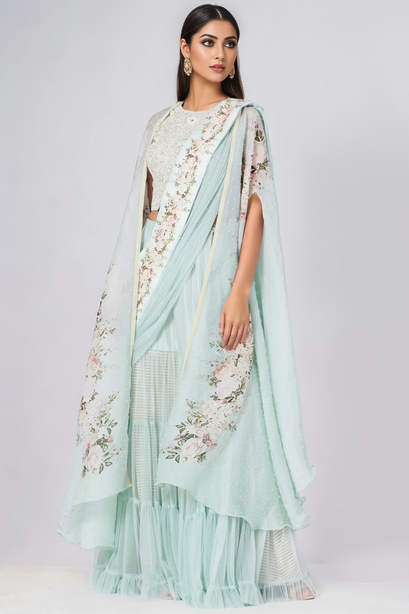 Sky Blue Chiffon Lehenga Set