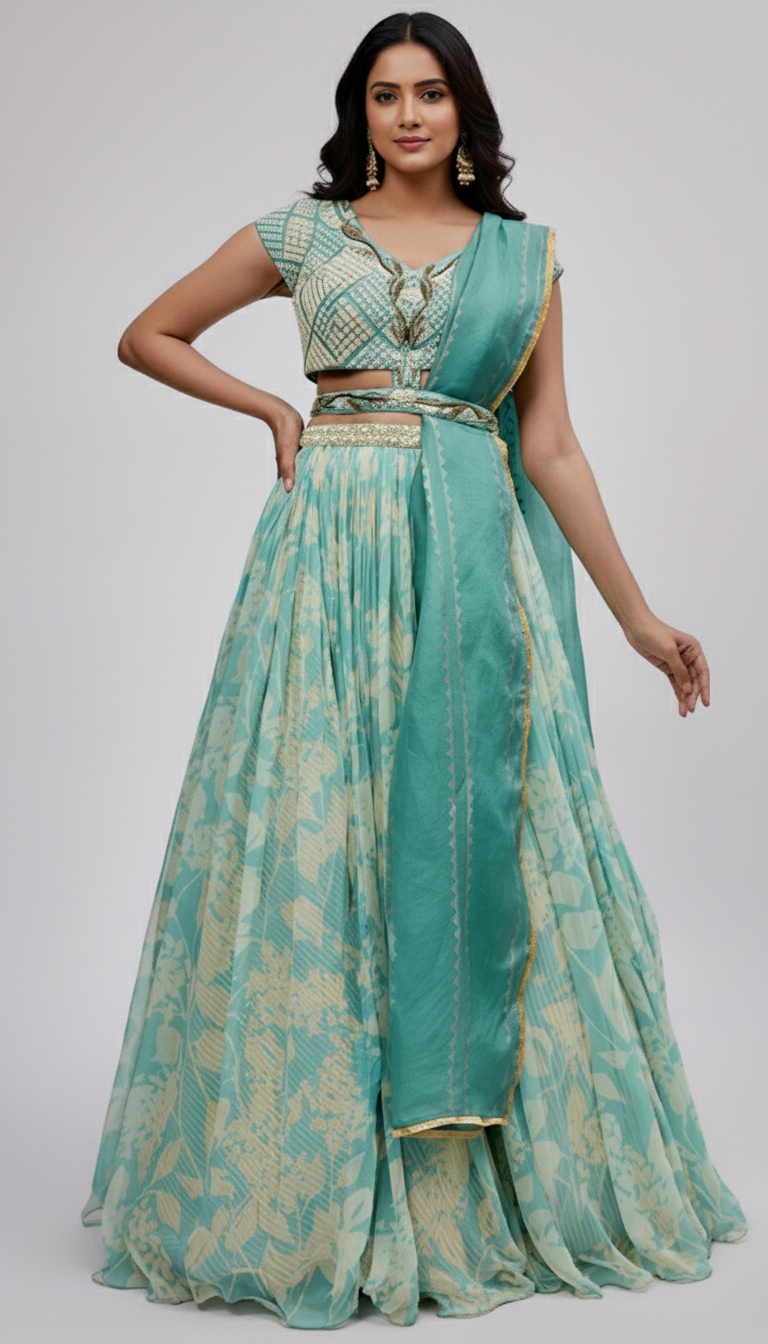 Aqua Green Chiffon Printed Lehenga Set