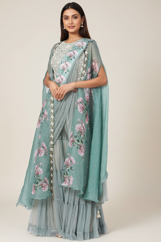 Emerald Green Chiffon Lehenga Set