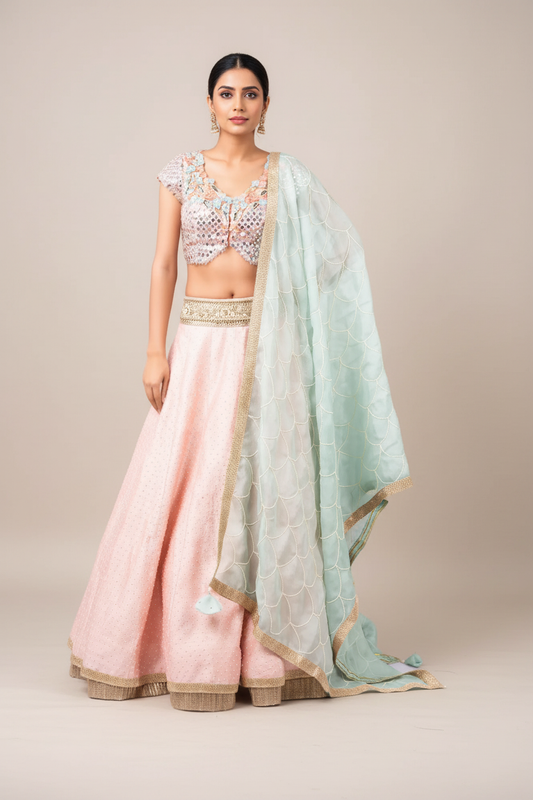 MIRROR EMBROIDERY BLOUSE WITH PERAL WORK RAW SILK GAJARI LEHENGA