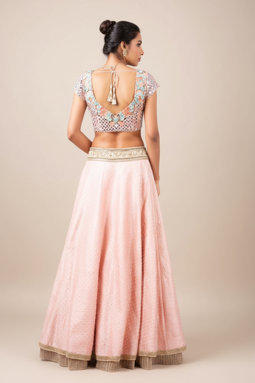 MIRROR EMBROIDERY BLOUSE WITH PERAL WORK RAW SILK GAJARI LEHENGA