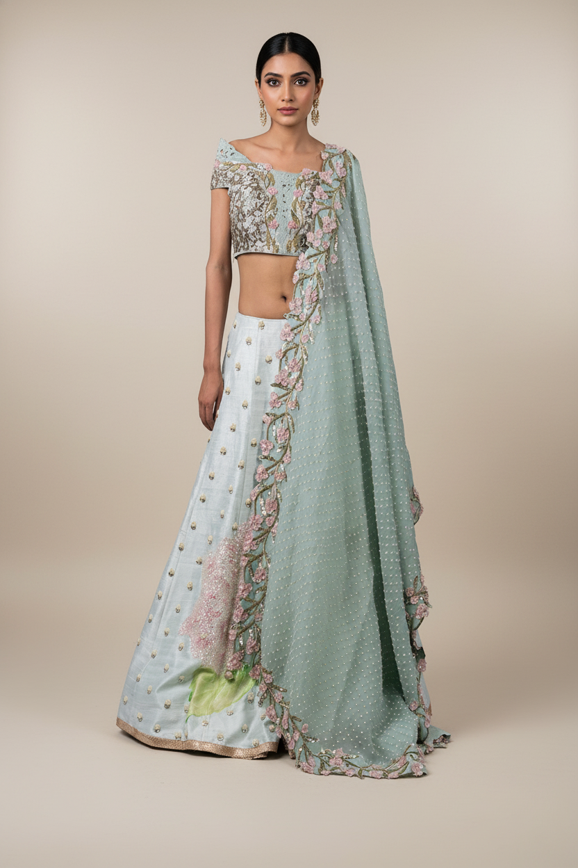 GEOMETRIC NALKI DOUBLE OFF SHOULDER BLOUSE AND HYDRANGEA LEHENGA