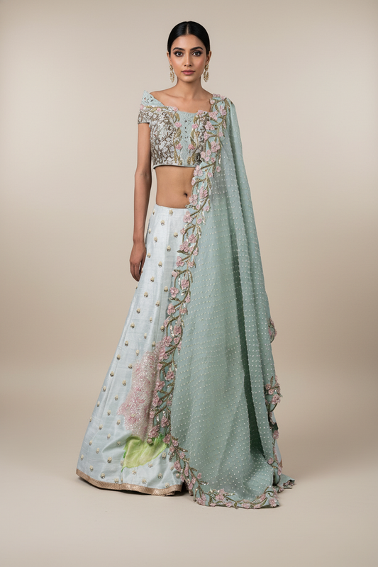 GEOMETRIC NALKI DOUBLE OFF SHOULDER BLOUSE AND HYDRANGEA LEHENGA