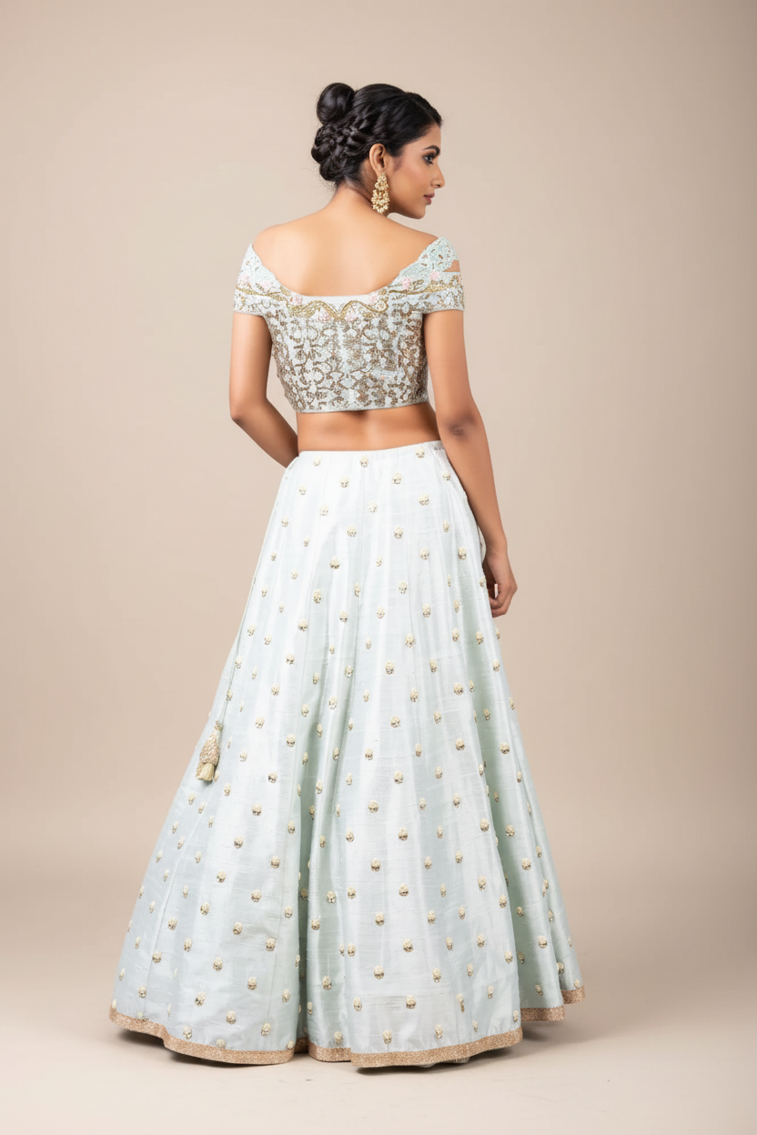 GEOMETRIC NALKI DOUBLE OFF SHOULDER BLOUSE AND HYDRANGEA LEHENGA