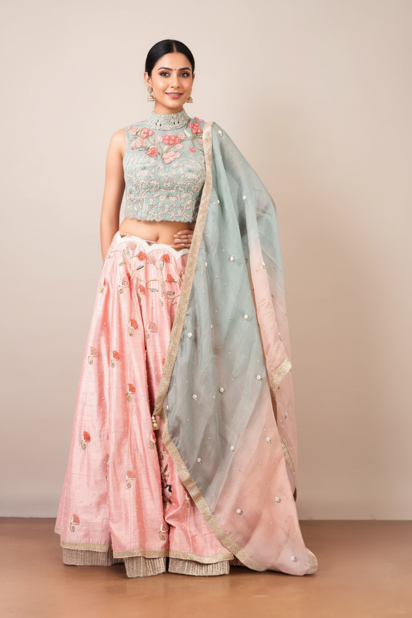 DORI WORK HIGH NECK BLOUSE WITH 3D FLOWERS LEHENGA