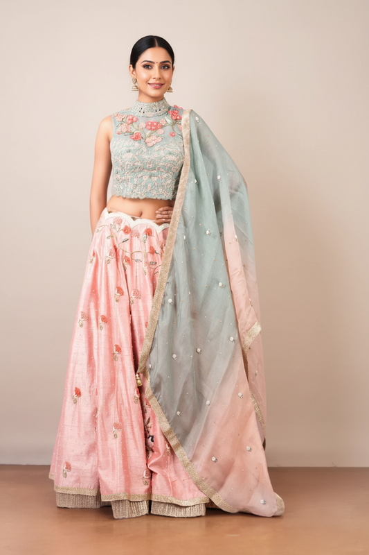 DORI WORK HIGH NECK BLOUSE WITH 3D FLOWERS LEHENGA