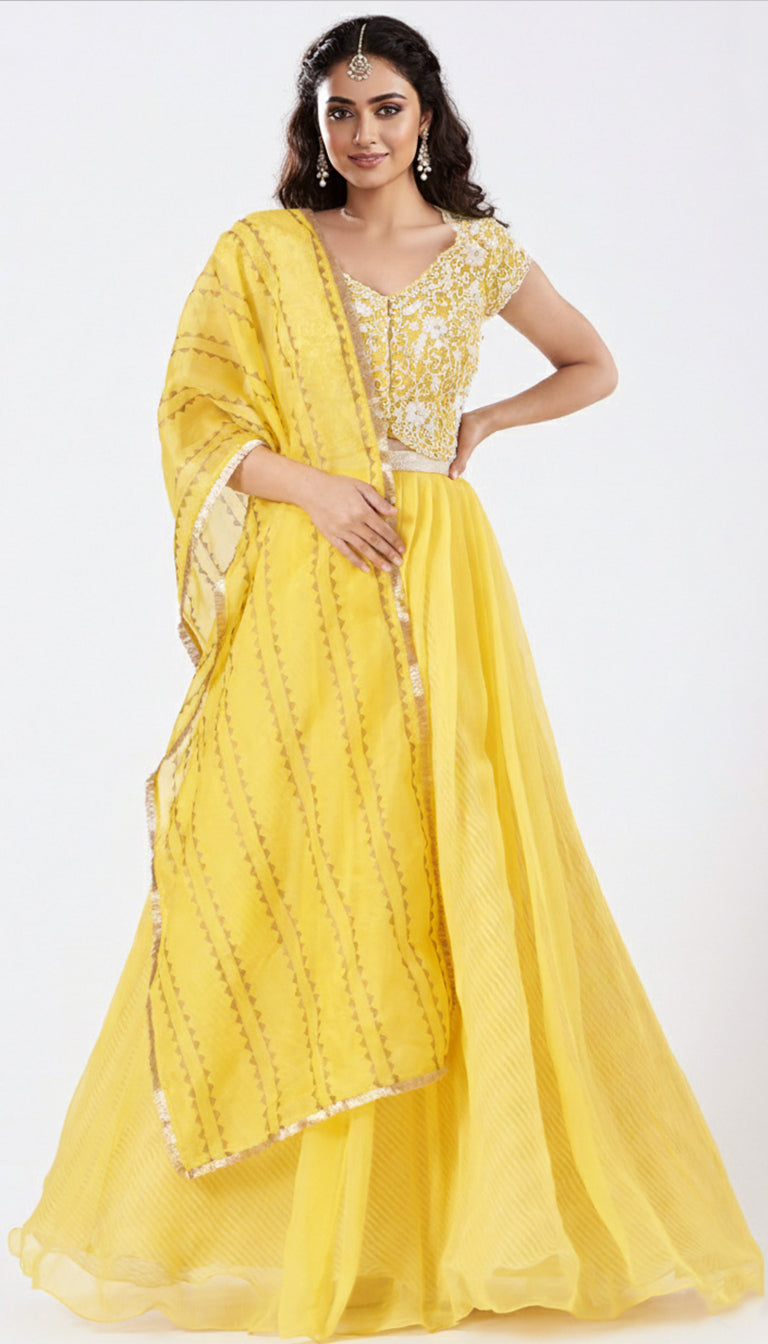 Bright Yellow Organza Lehenga Set
