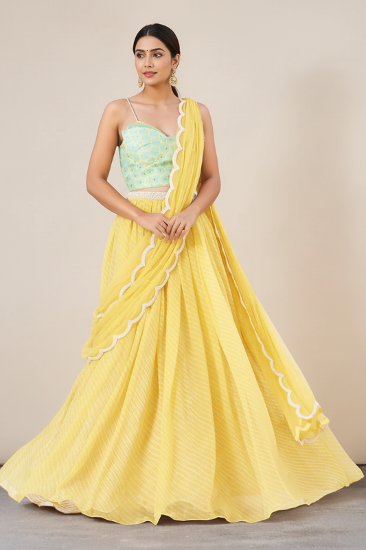 Butter Yellow Raw Silk & Chiffon Draped Lehnega Set