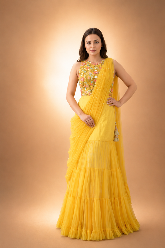 Sunflower Bloom Sharara Saree Set
