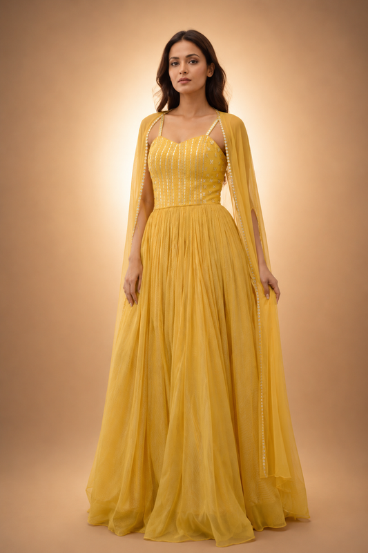 Sunlit Aura Cape Gown