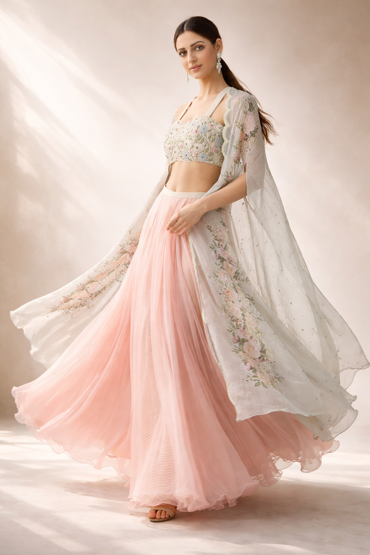 Grey Organza Floral Digital Printed Cape Set