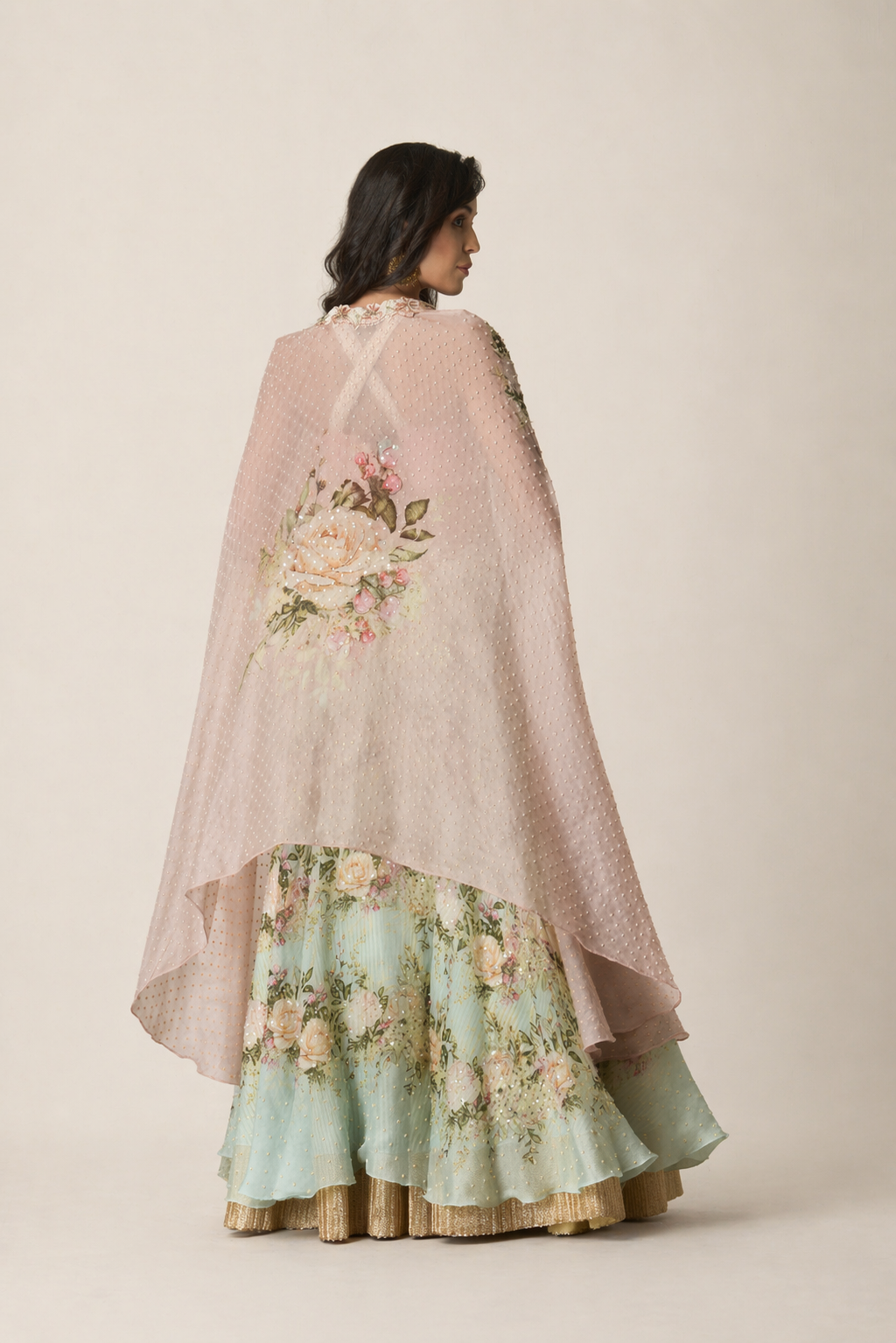 Floral Lehenga Ensemble with Detached Cape