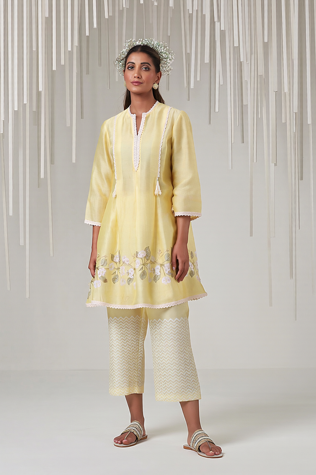 Lemon Yellow Floral Tunic & Chevron Pant Set Yashodhara